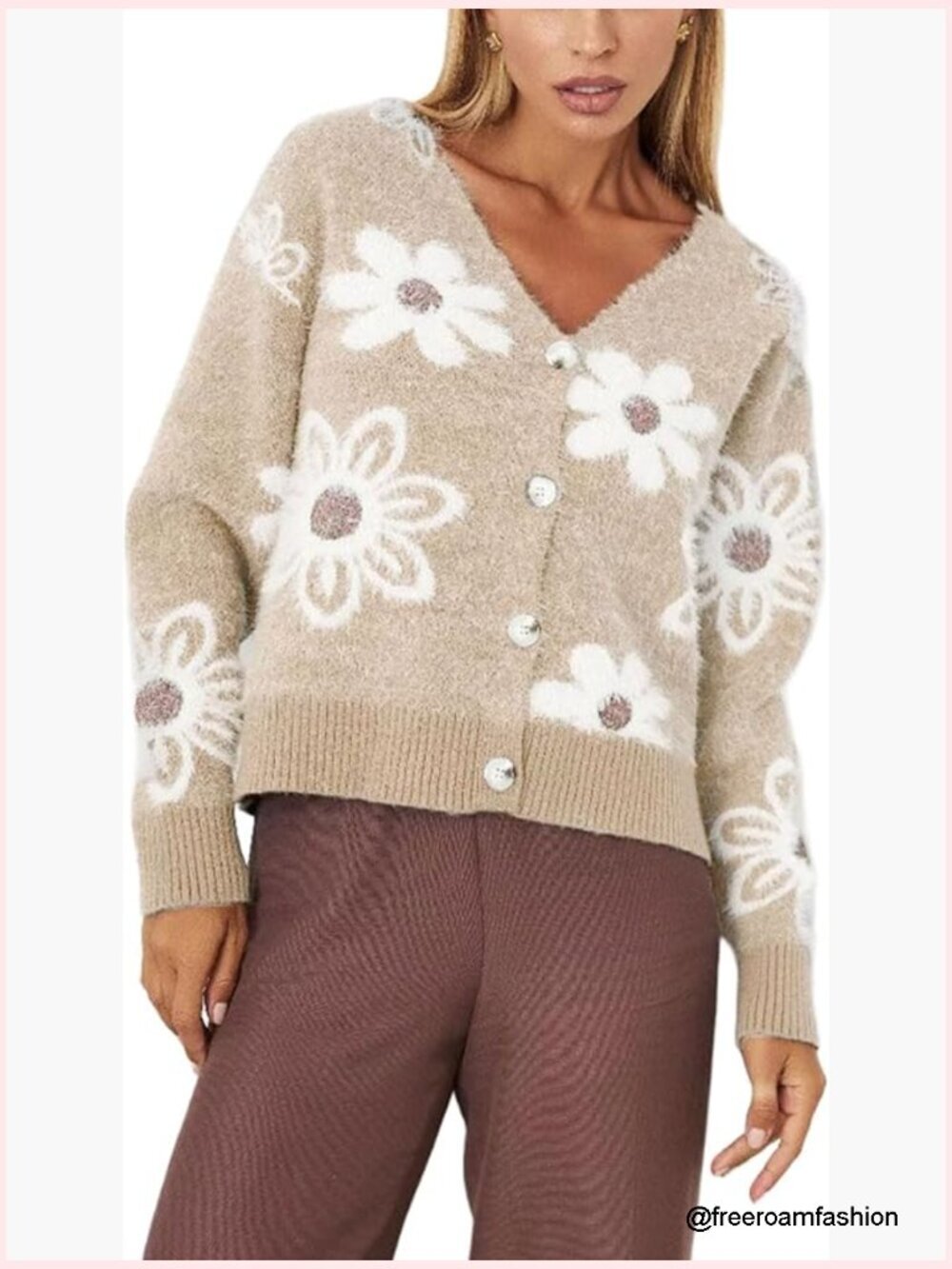 V-Neck Floral Furry Crop Cardigan Knitted Button Down Cashmere Sweater